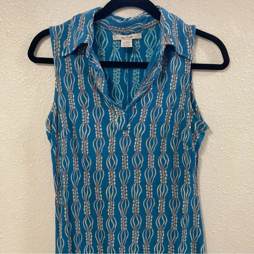 Free People  Midi Dress Blue Patterned Sleeveless Rayon Collared Size M - Picture 4 of 11